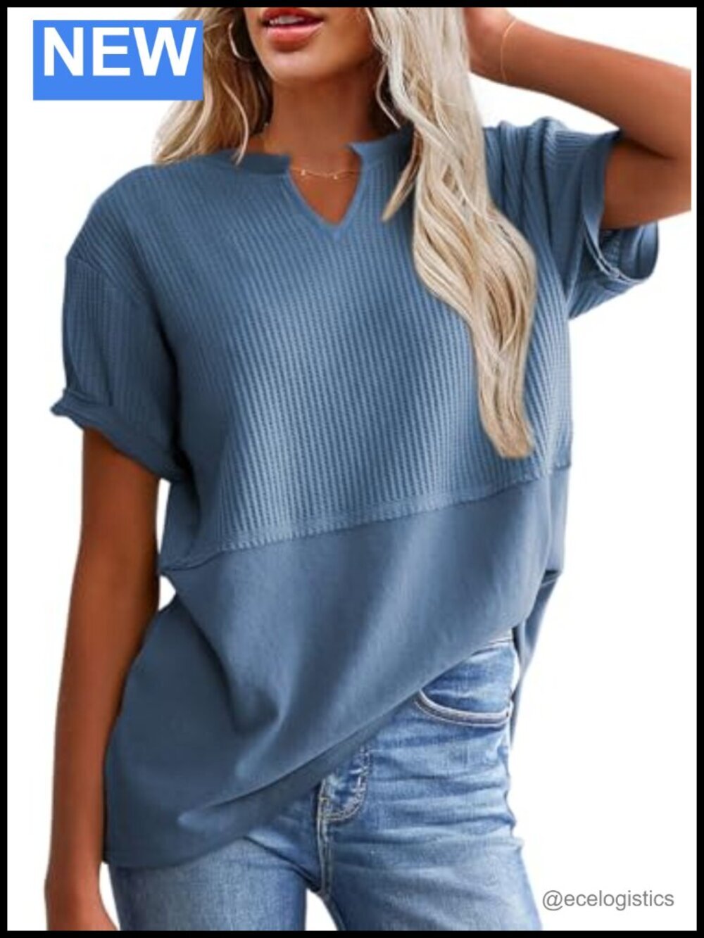 Waffle Knit V Neck Short Sleeve Tunic Top Loose Fit Tee